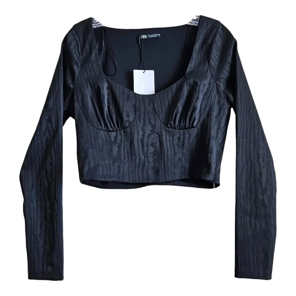 ZARA Women's L Blouse Cropped Bustier Black Satiny Long Sleeve Lined NEW NWT